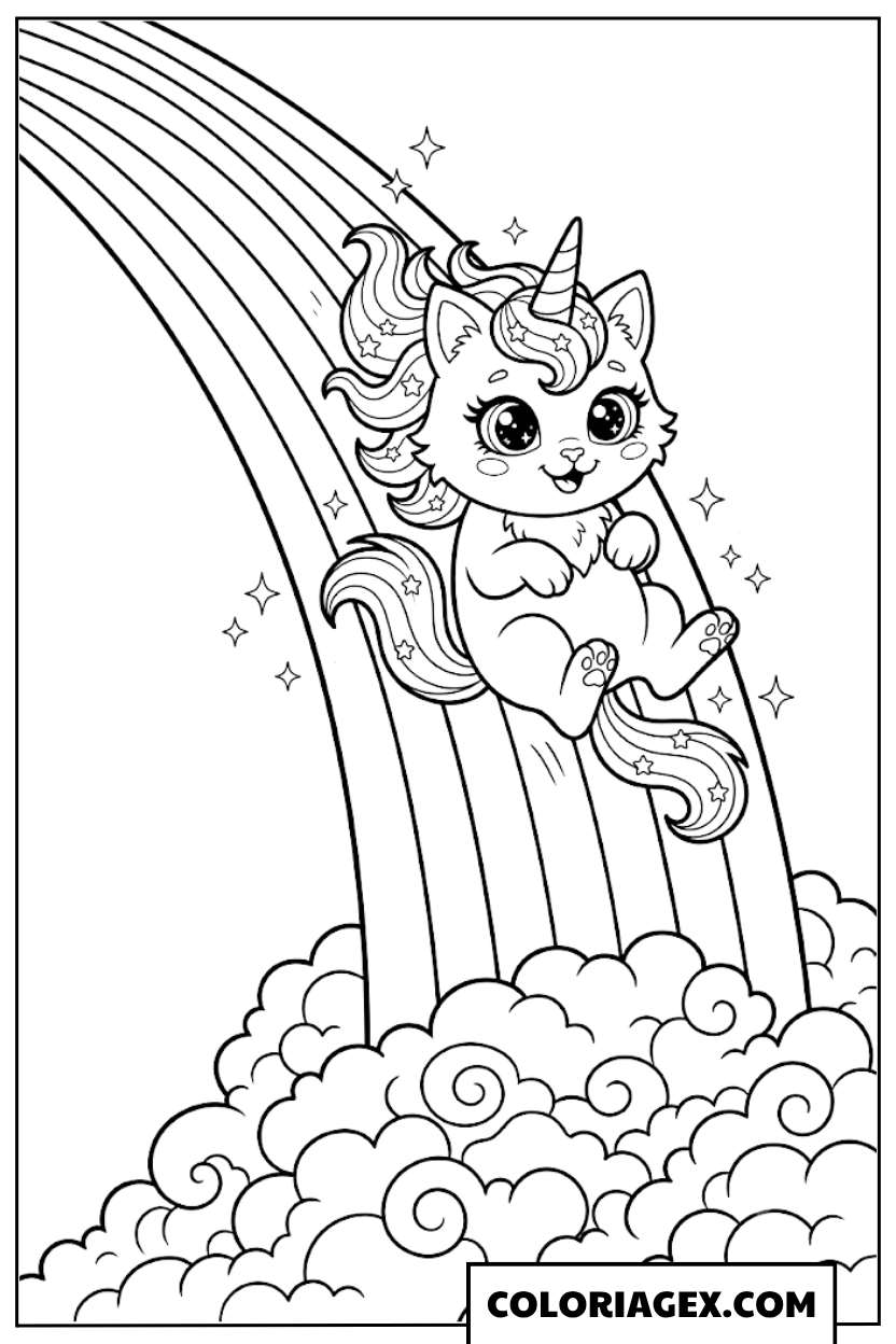 Coloriagex Chat licorne sur arc-en-ciel