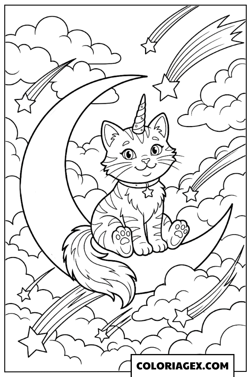 Coloriagex Chat licorne sur lune