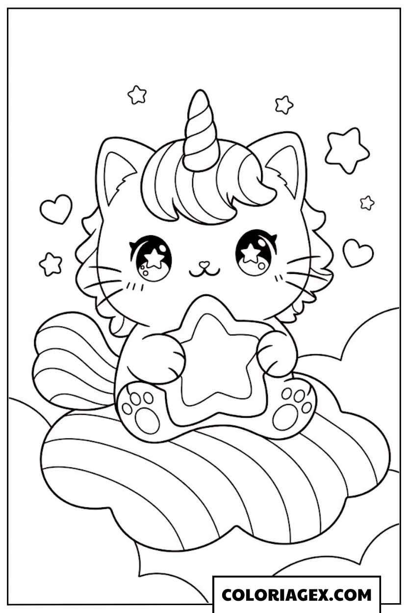 Coloriagex Chat licorne sur nuage étoile