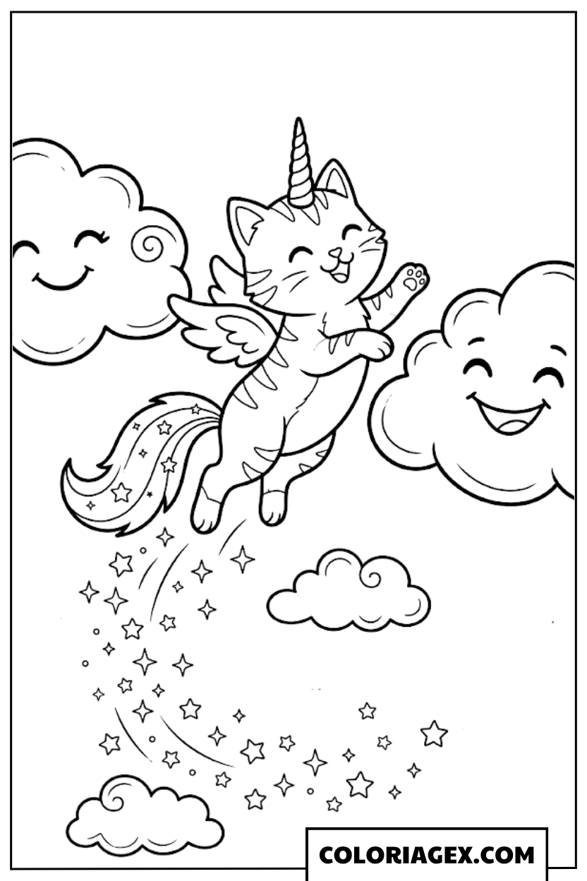Coloriagex Chat licorne volant nuages
