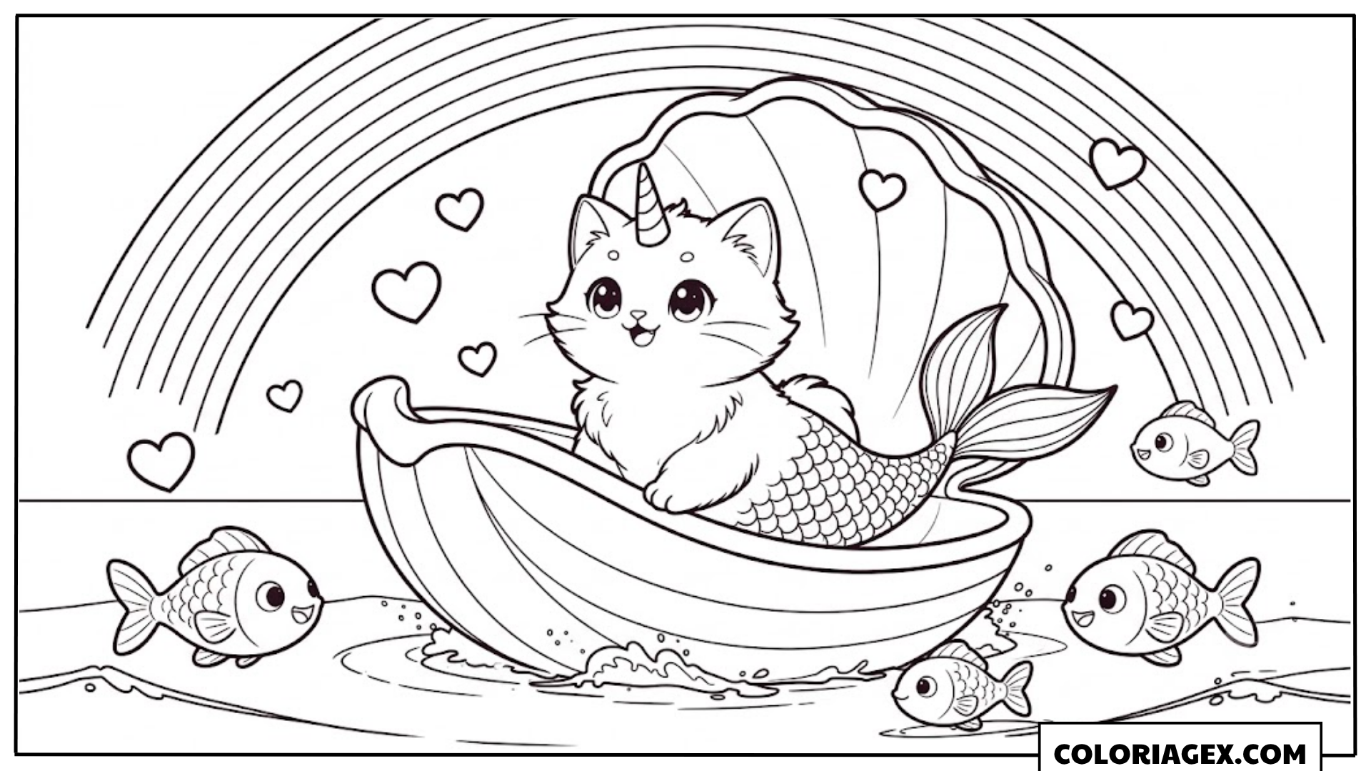 Coloriagex Chat-sirène bateau arc-en-ciel