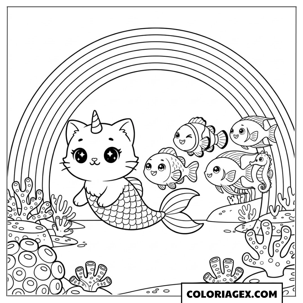 Coloriagex Chat-sirène licorne arc poissons