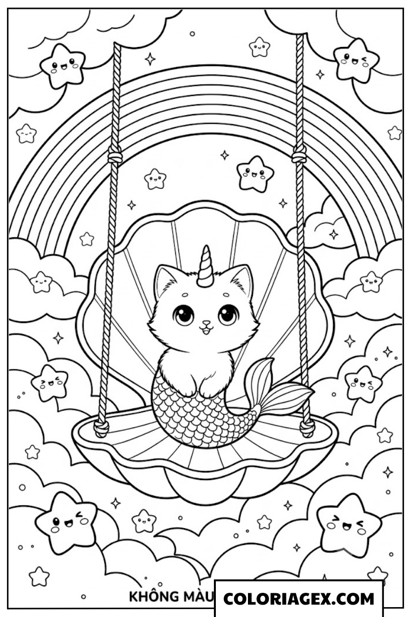 Coloriagex Chat-sirène licorne balançoire