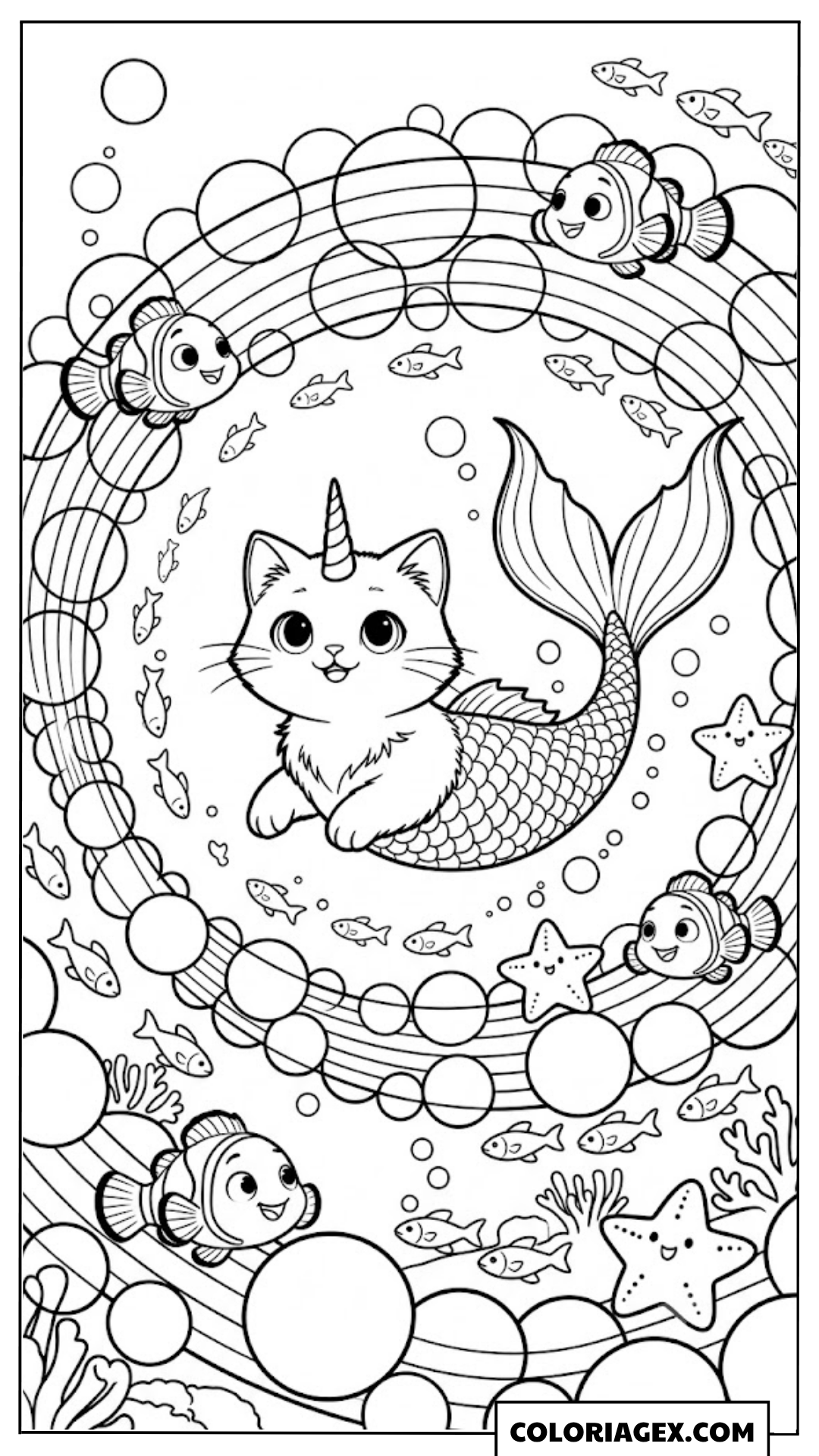 Coloriagex Chat-sirène licorne cercle bulles