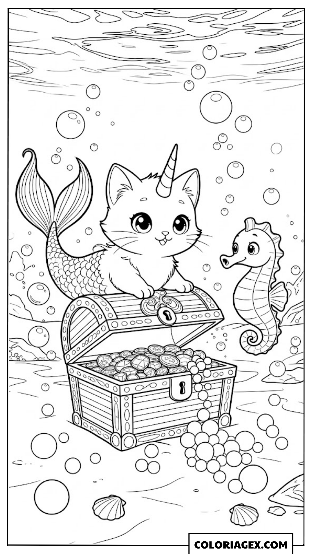 Coloriagex Chat-sirène licorne coffre marin