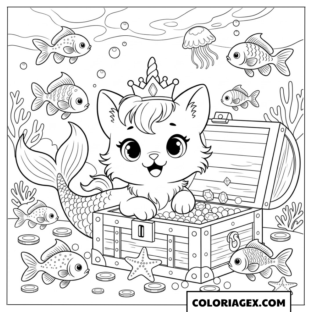 Coloriagex Chat-sirène licorne coffre poissons