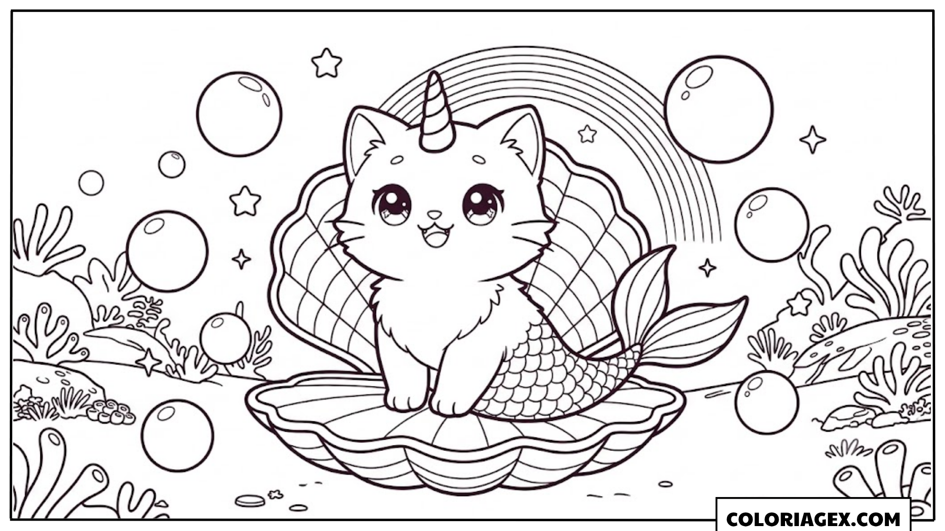 Coloriagex Chat-sirène licorne coquille