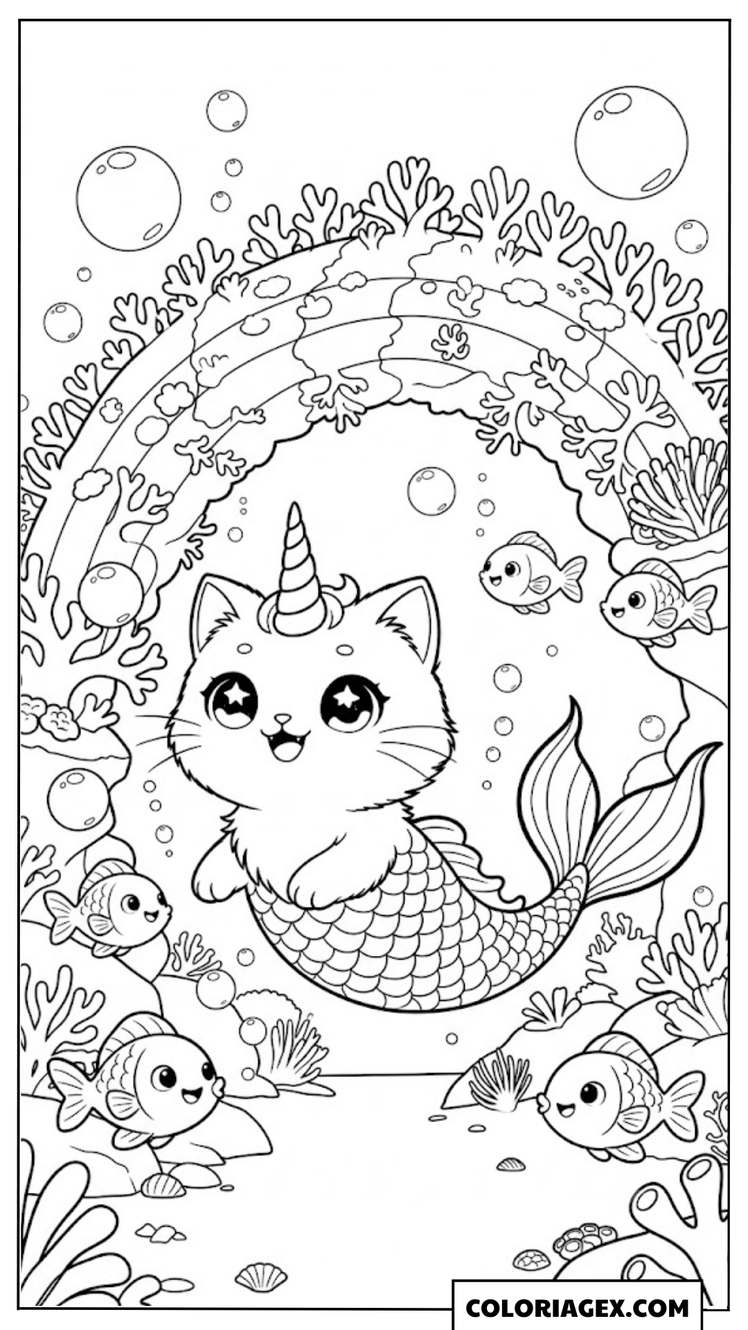 Coloriagex Chat-sirène licorne coquille arc-en-ciel