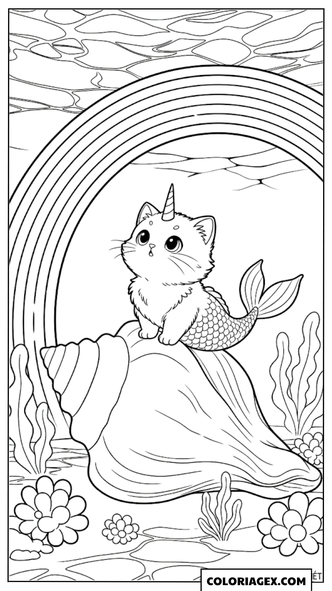 Coloriagex Chat-sirène licorne coquille arc