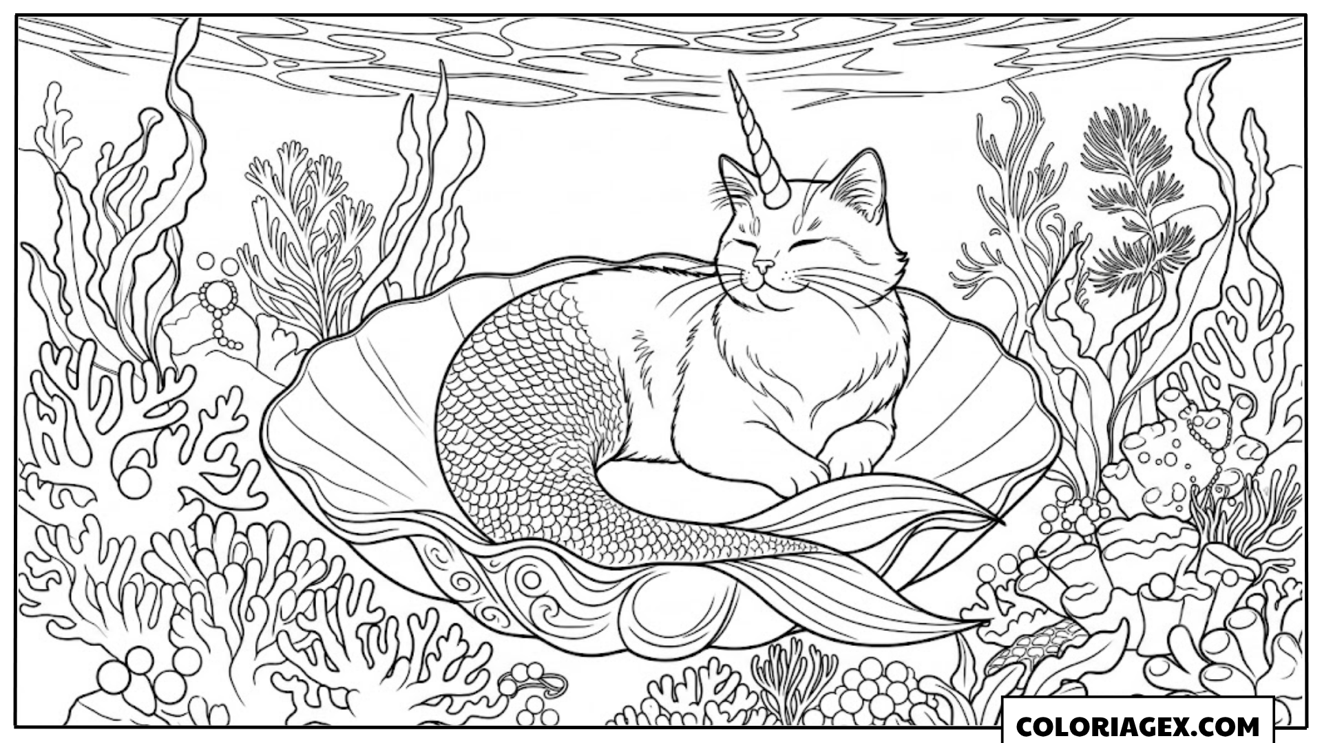 Coloriagex Chat-sirène licorne coquille détaillée