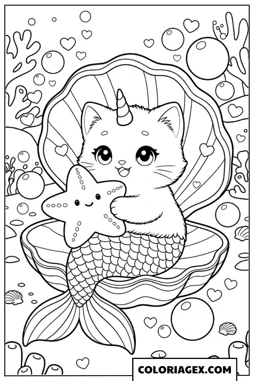 Coloriagex Chat-sirène licorne coquille étoile