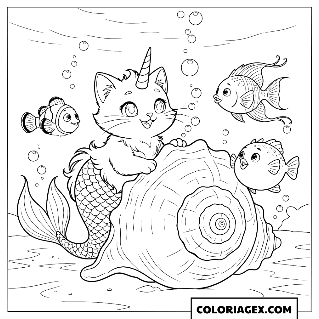 Coloriagex Chat-sirène licorne coquille poissons