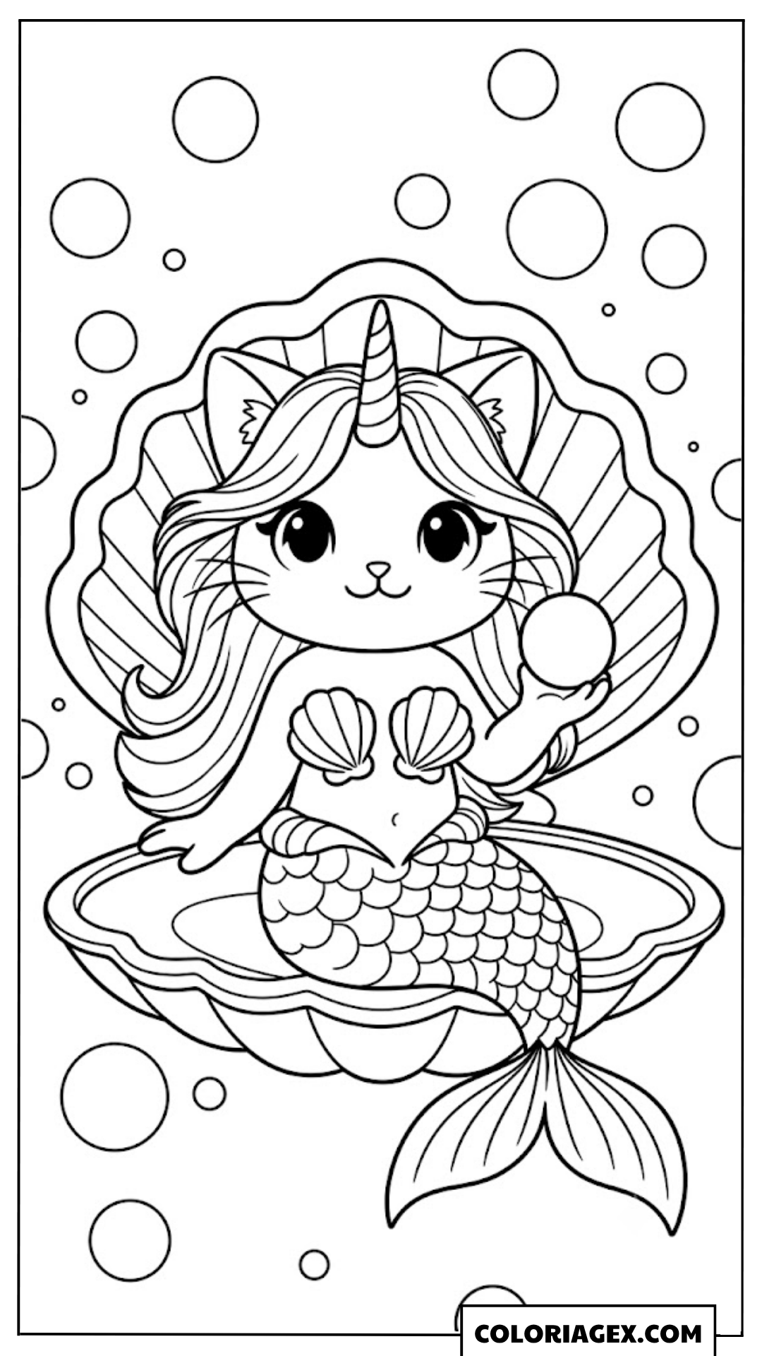 Coloriagex Chat-sirène licorne coquille