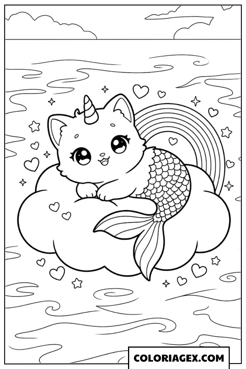 Coloriagex Chat-sirène licorne nuage mer