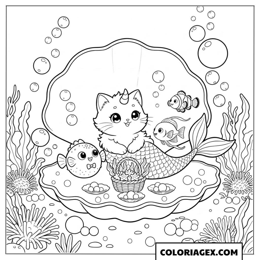 Coloriagex Chat-sirène licorne panier coquille