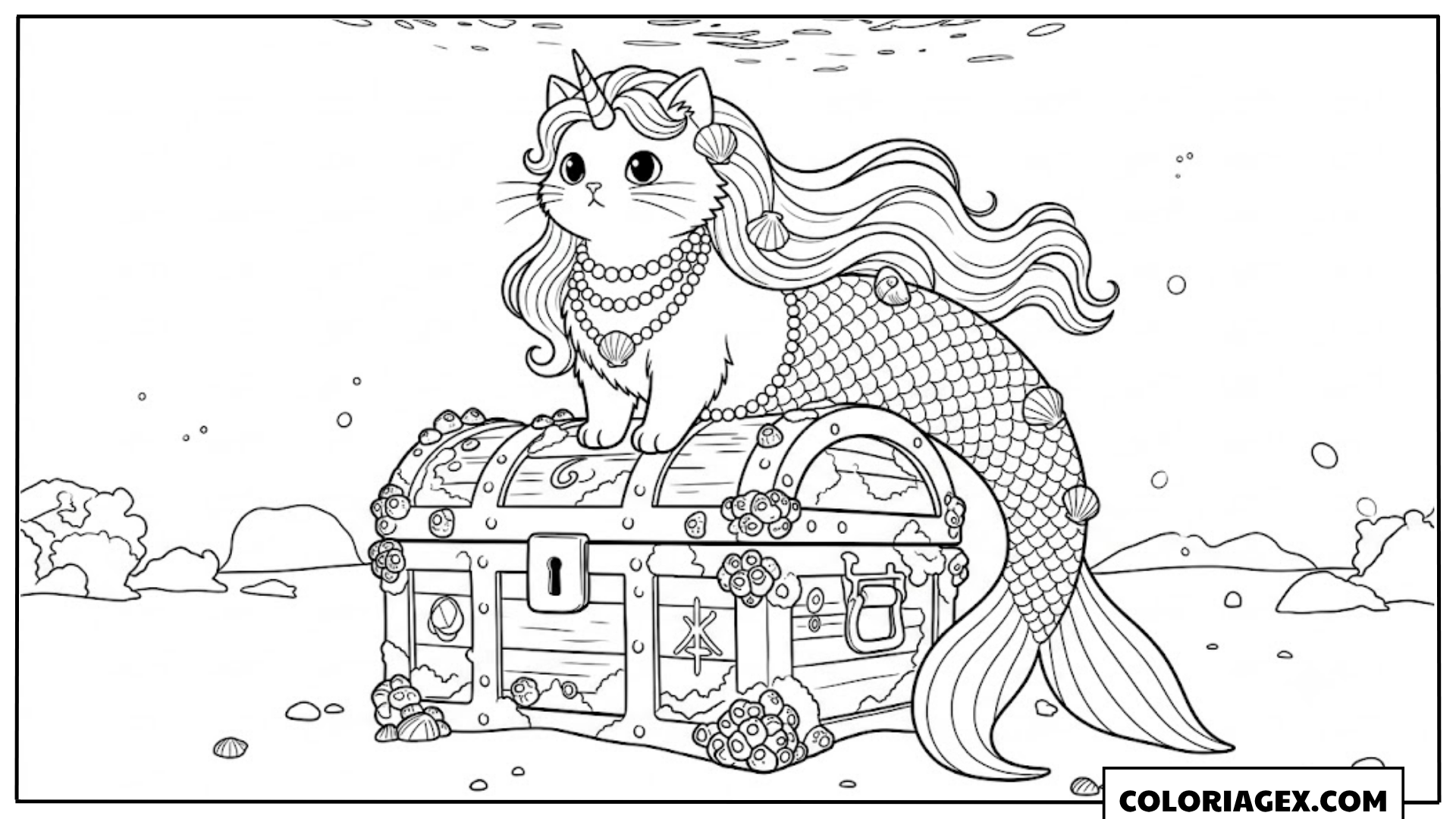 Coloriagex Chat-sirène licorne trésor détaillé