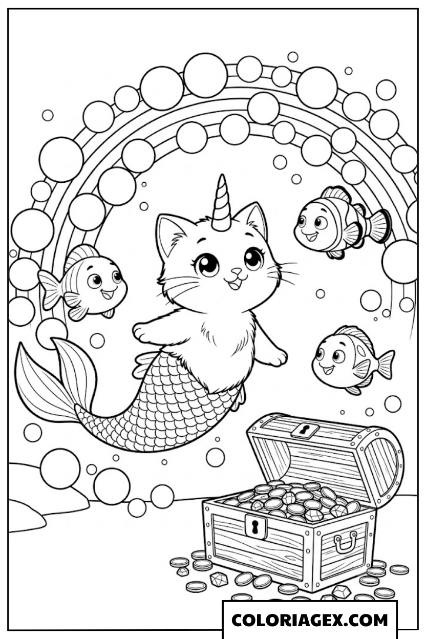 Coloriagex Chat-sirène licorne trésor