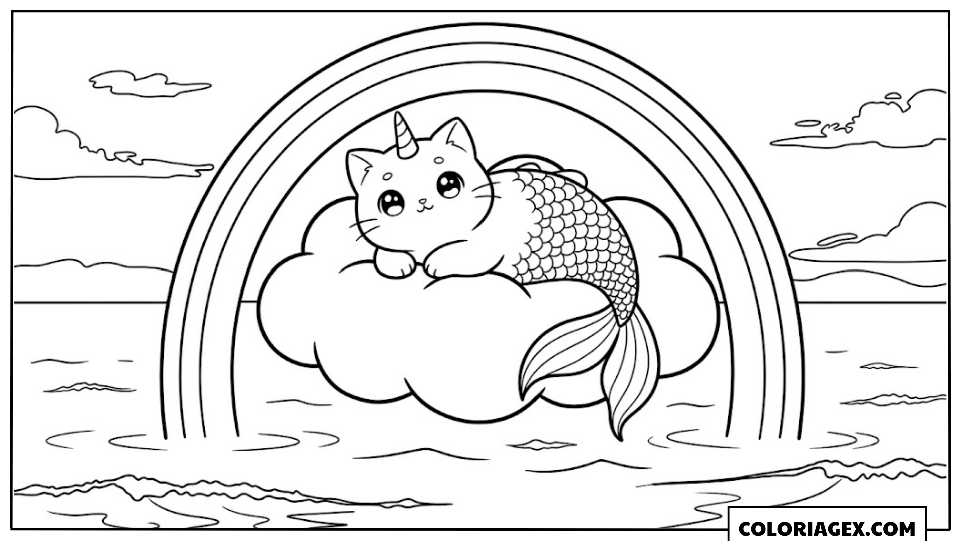 Coloriagex Chat-sirène nuage arc-en-ciel