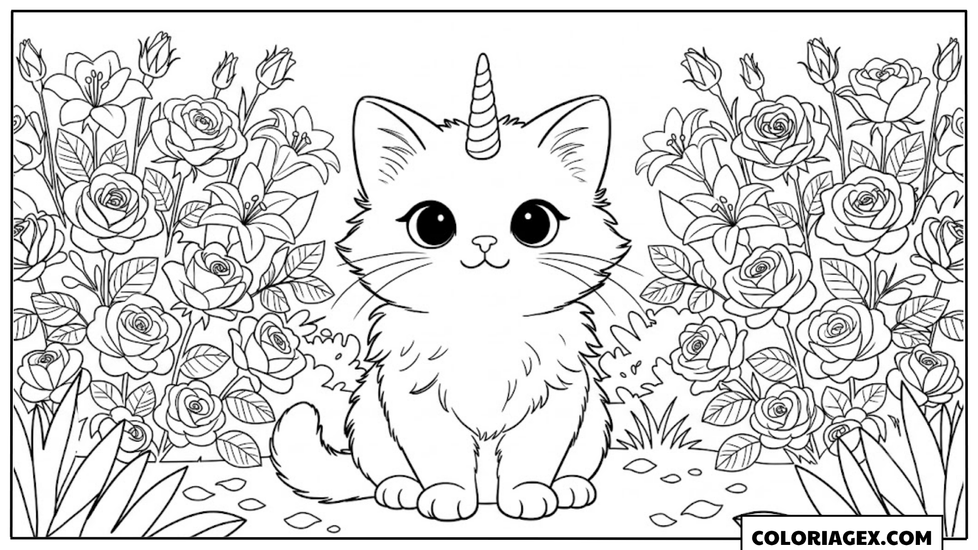 Coloriagex Chaton licorne jardin