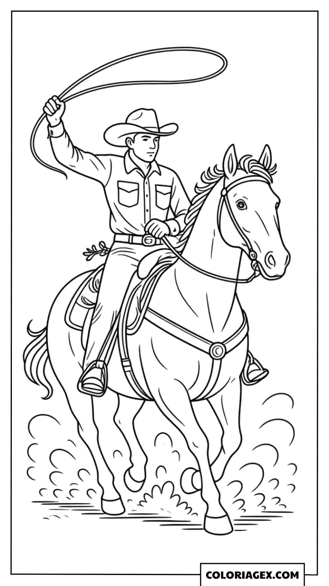 Cowboy avec lasso sur son cheval à colorier