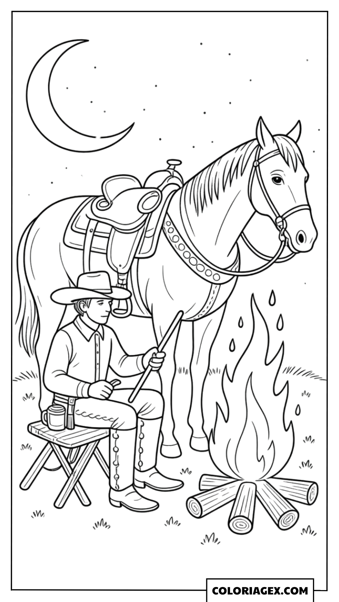 Cowboy près du feu de camp avec son cheval à colorier