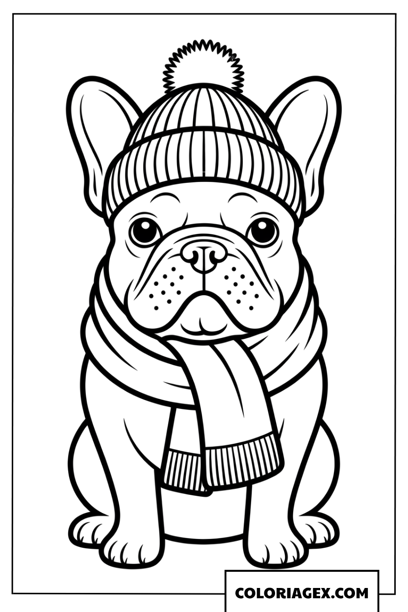 Dessin Bouledogue Francais avec bonnet et echarpe a colorier