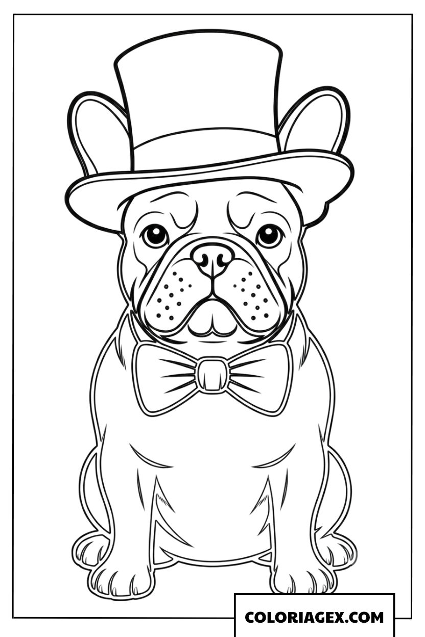 Dessin Bouledogue Francais avec chapeau haut de forme et noeud