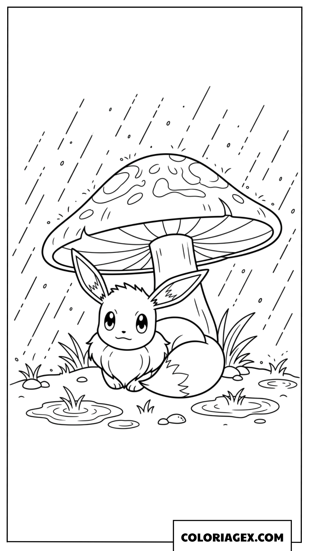 Dessin Eevee se protégeant de la pluie sous un champignon