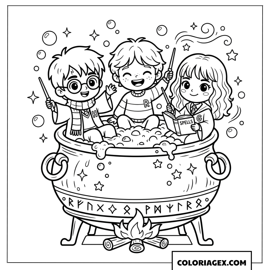 Dessin Harry Potter, Ron Weasley et Hermione Granger dans un chaudron magique