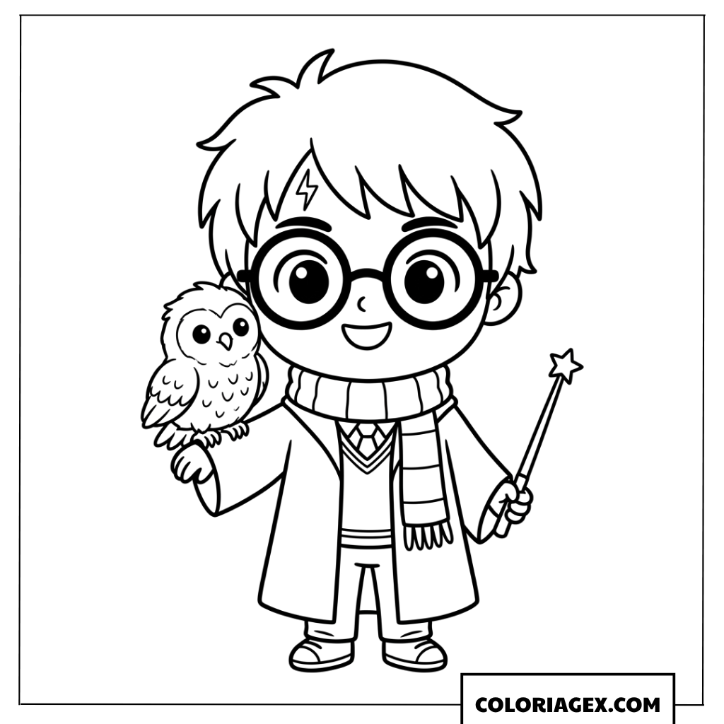 Dessin Harry Potter avec sa chouette Hedwige et sa baguette magique