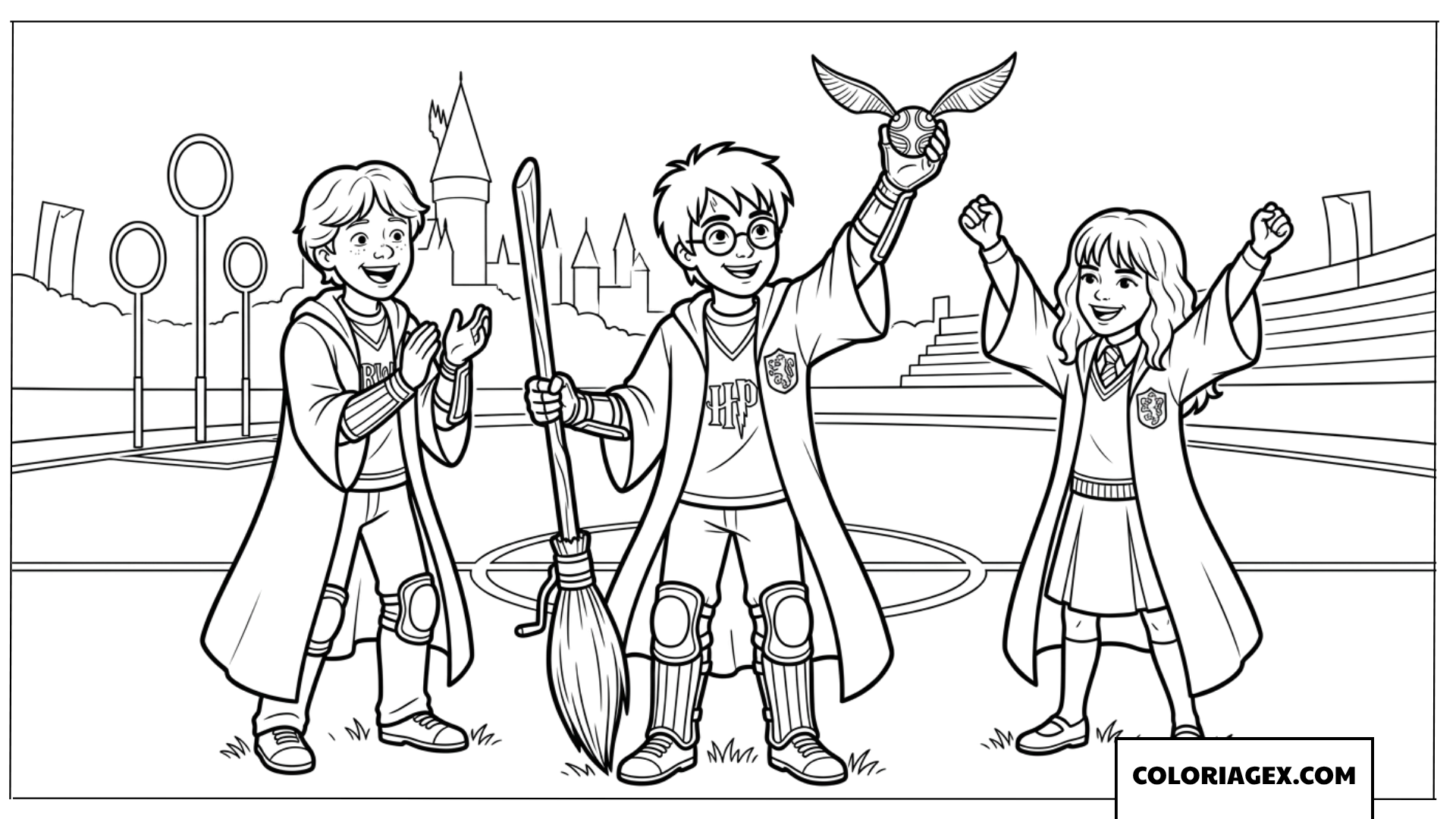 Dessin Harry Potter brandissant le Vif dOr pour célébrer la victoire avec ses amis