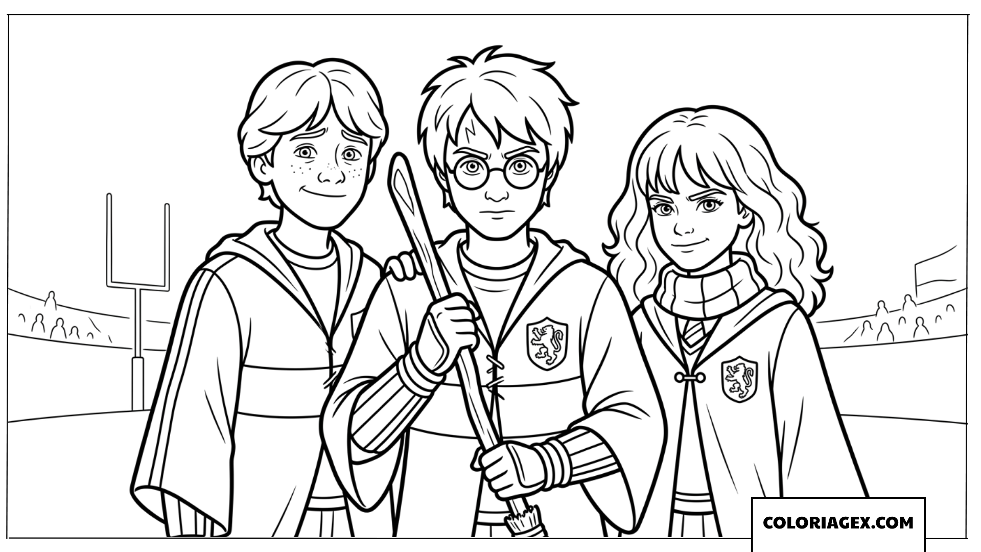 Dessin Harry Potter tenant son balai avec Ron et Hermione au terrain de Quidditch