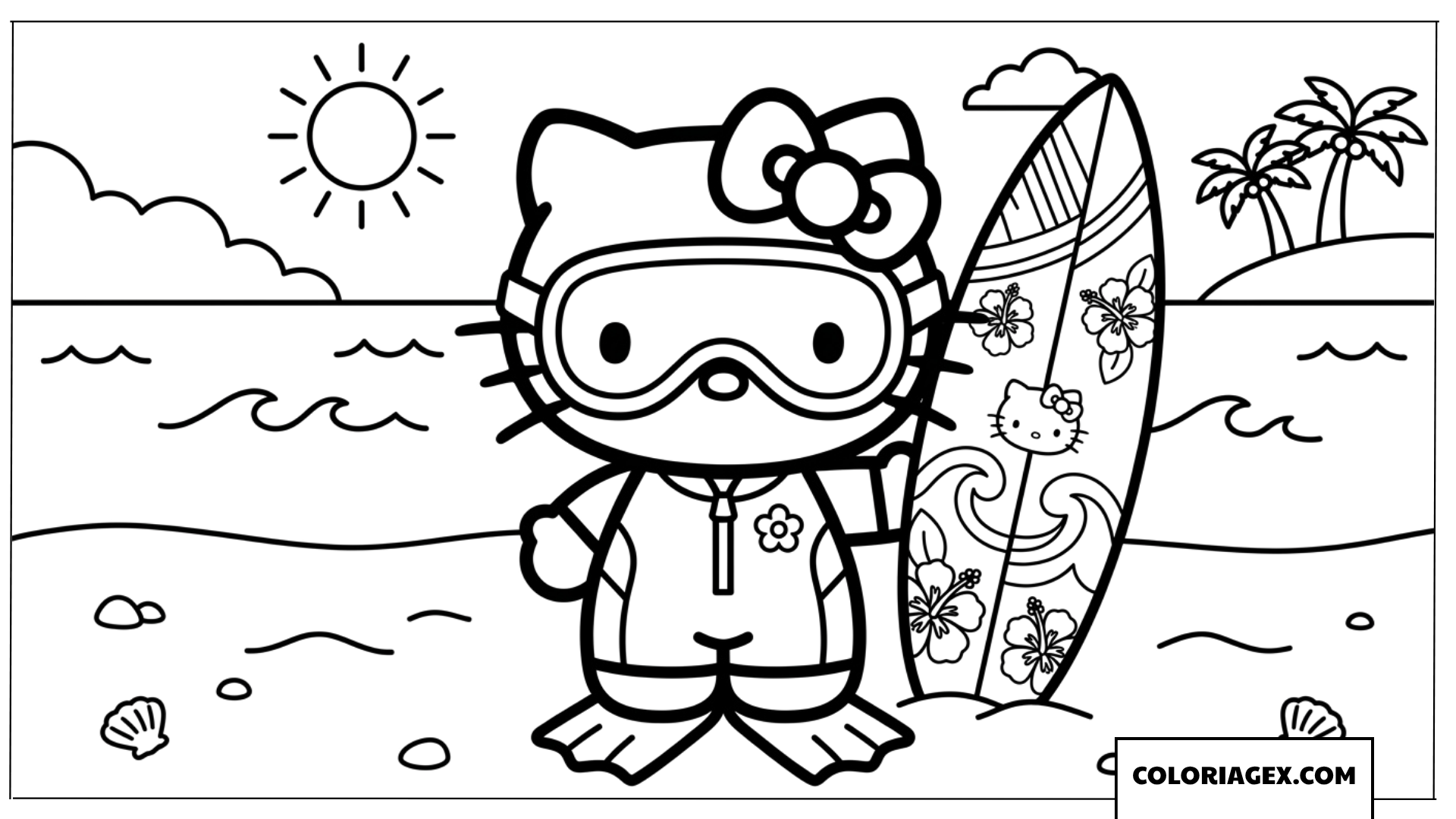 Dessin Hello Kitty surfant et faisant de la plongée