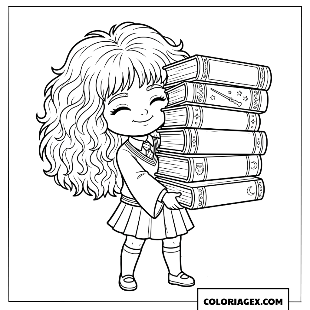 Dessin Hermione Granger avec ses livres de magie