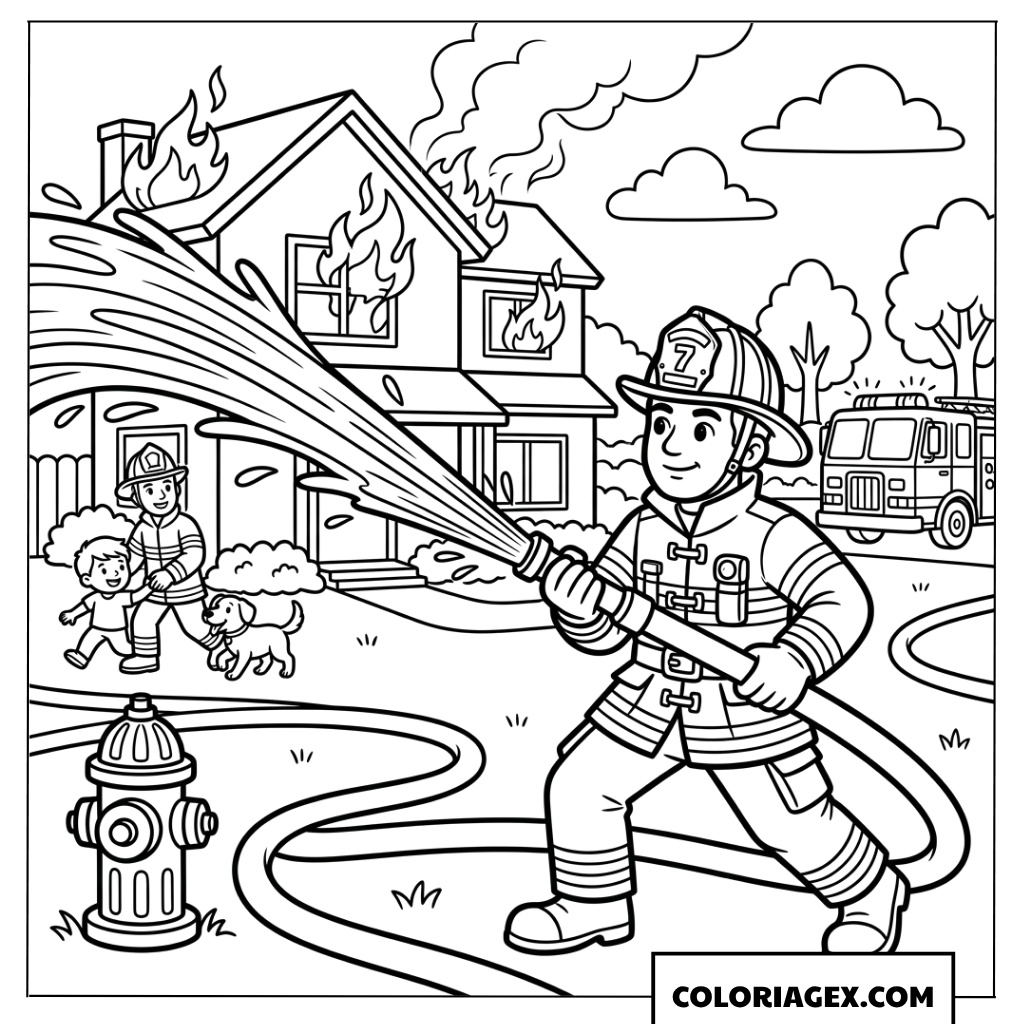 Dessin Pompier en Action Eteignant un Incendie