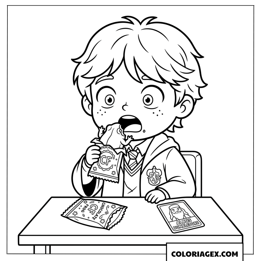 Dessin Ron Weasley avec un chocogrenouille et une carte de Albus Dumbledore