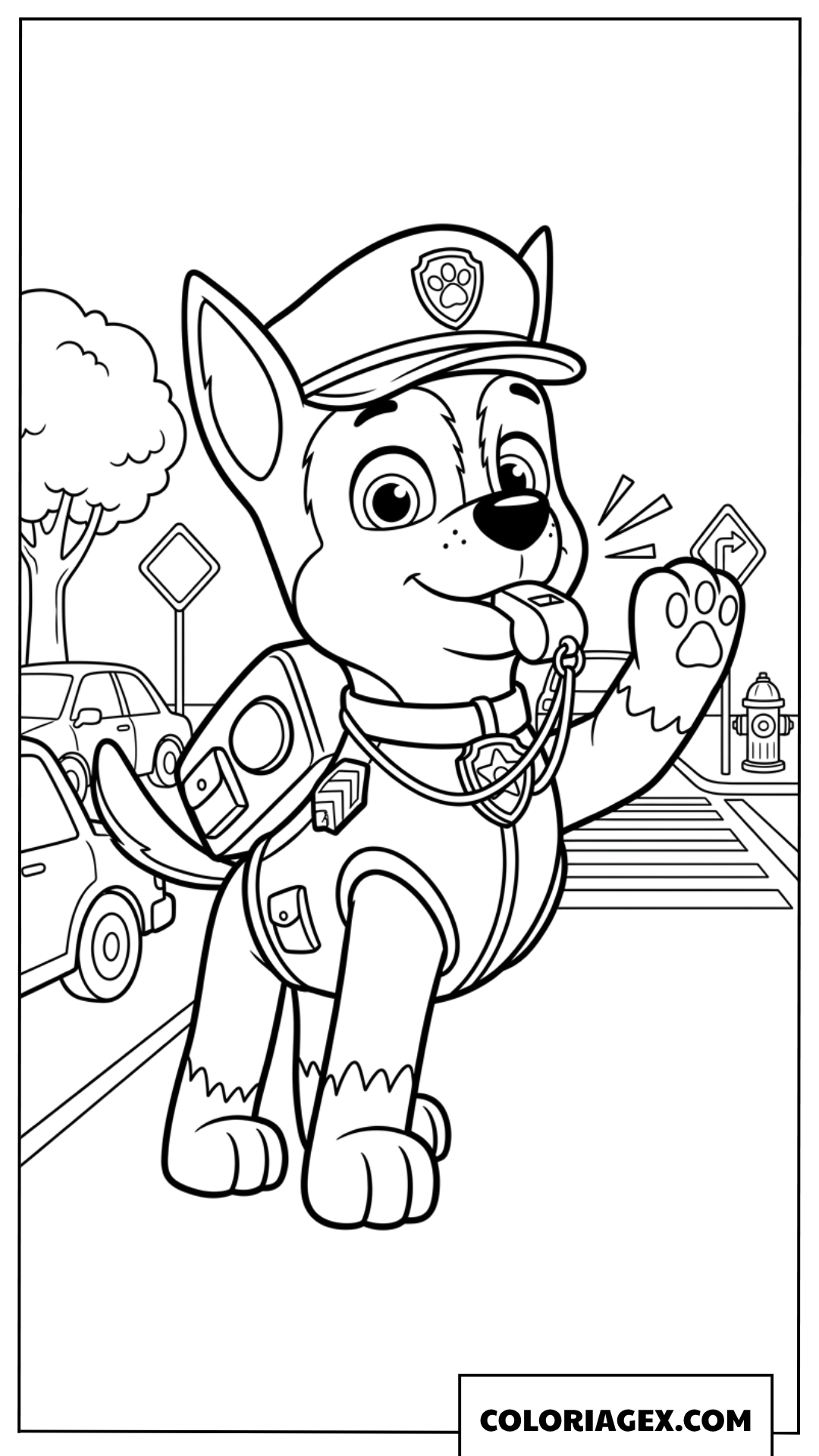 Dessin à colorier de Chase Paw Patrol dirigeant la circulation