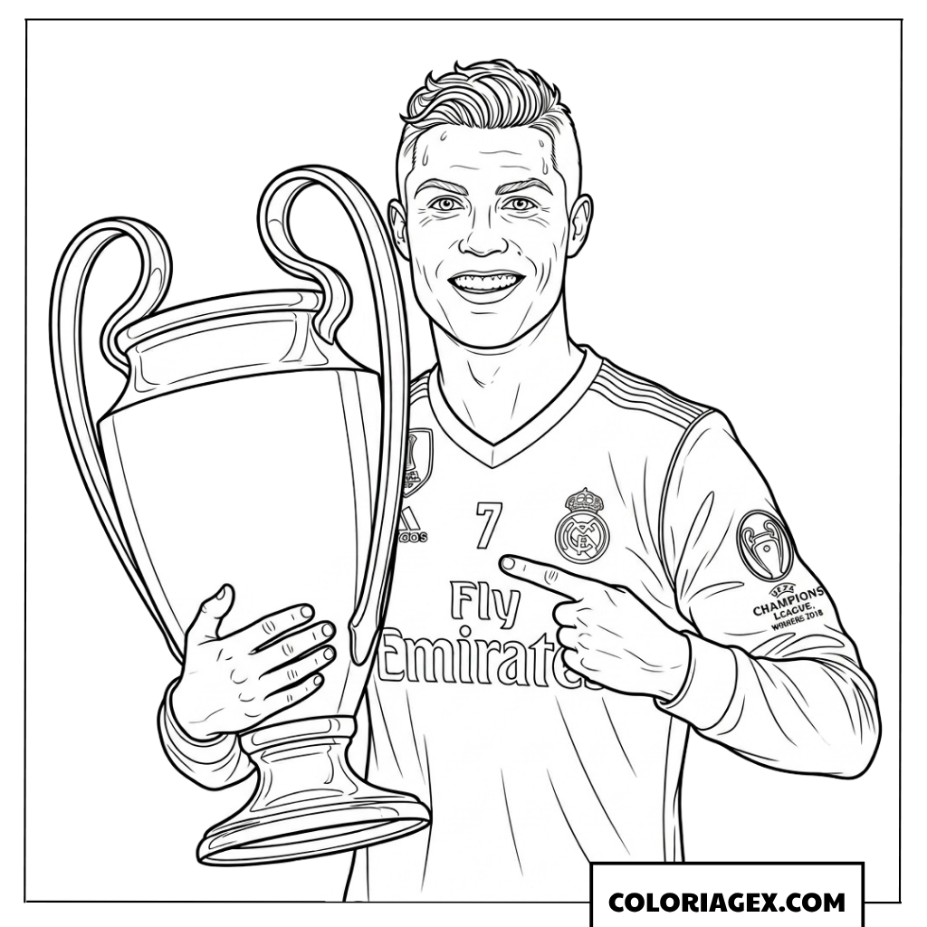 Dessin à colorier de Cristiano Ronaldo pointant le trophée de la Ligue des Champions
