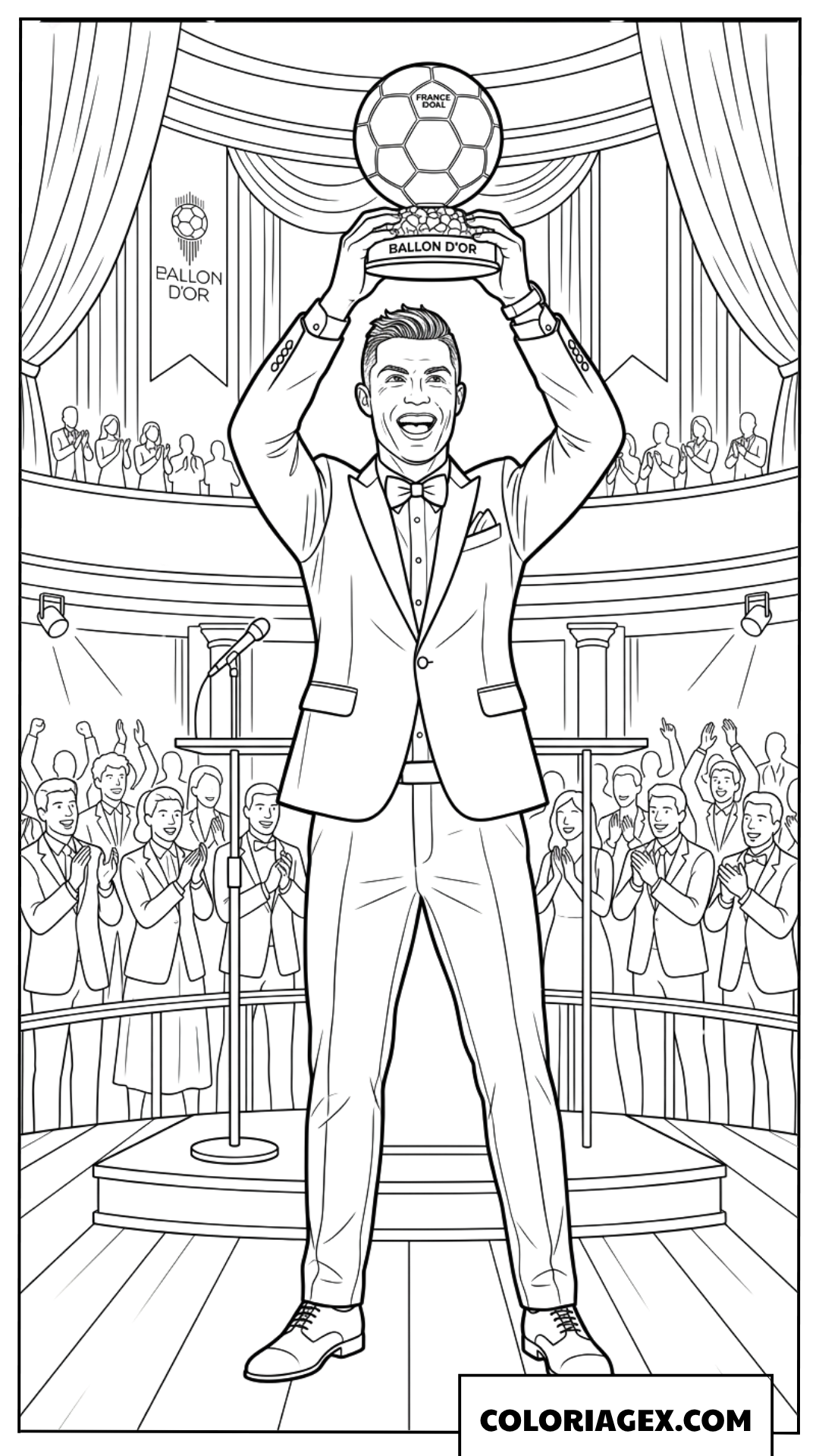 Dessin à colorier de Cristiano Ronaldo soulevant le Ballon d'Or au Gala
