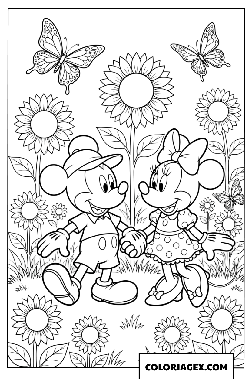 Dessin à colorier de Mickey et Minnie se promenant main dans la main dans un champ de tournesols