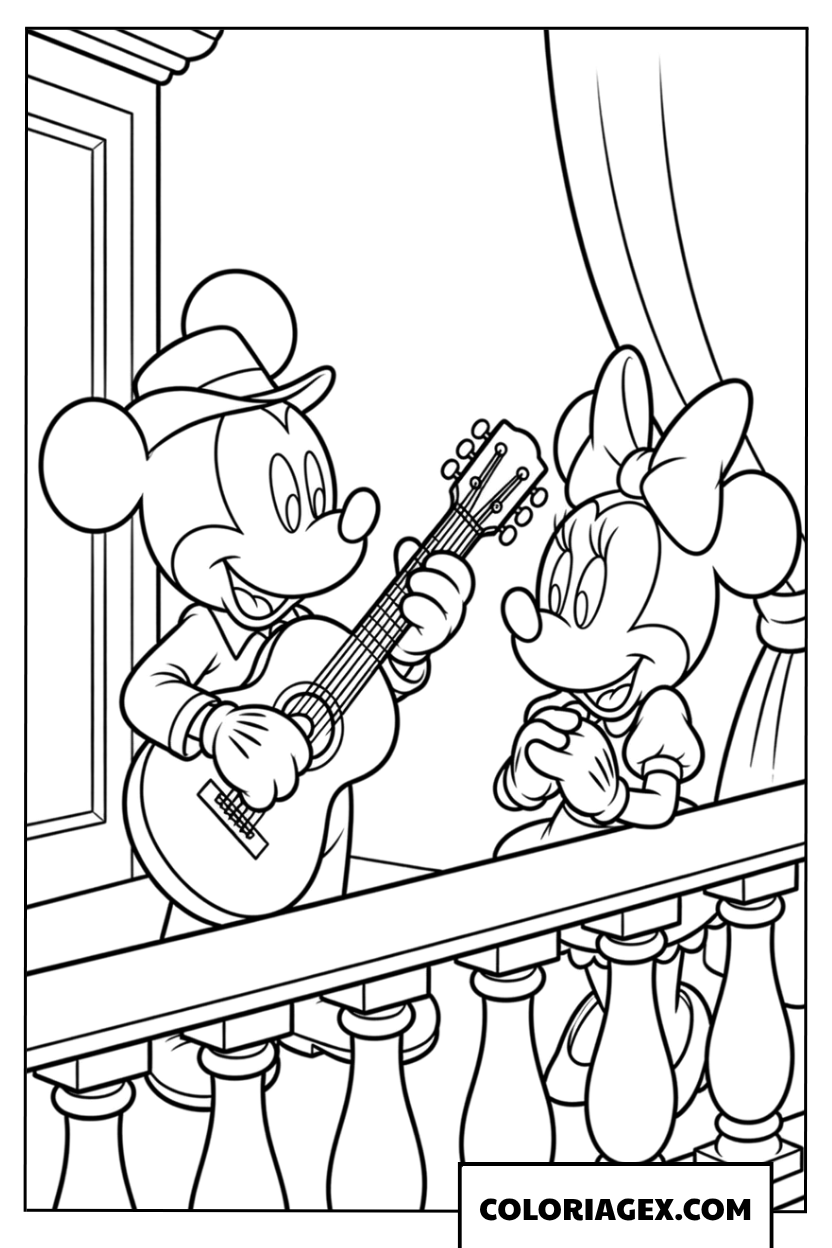 Dessin à colorier de Mickey jouant de la guitare pour Minnie sur un balcon