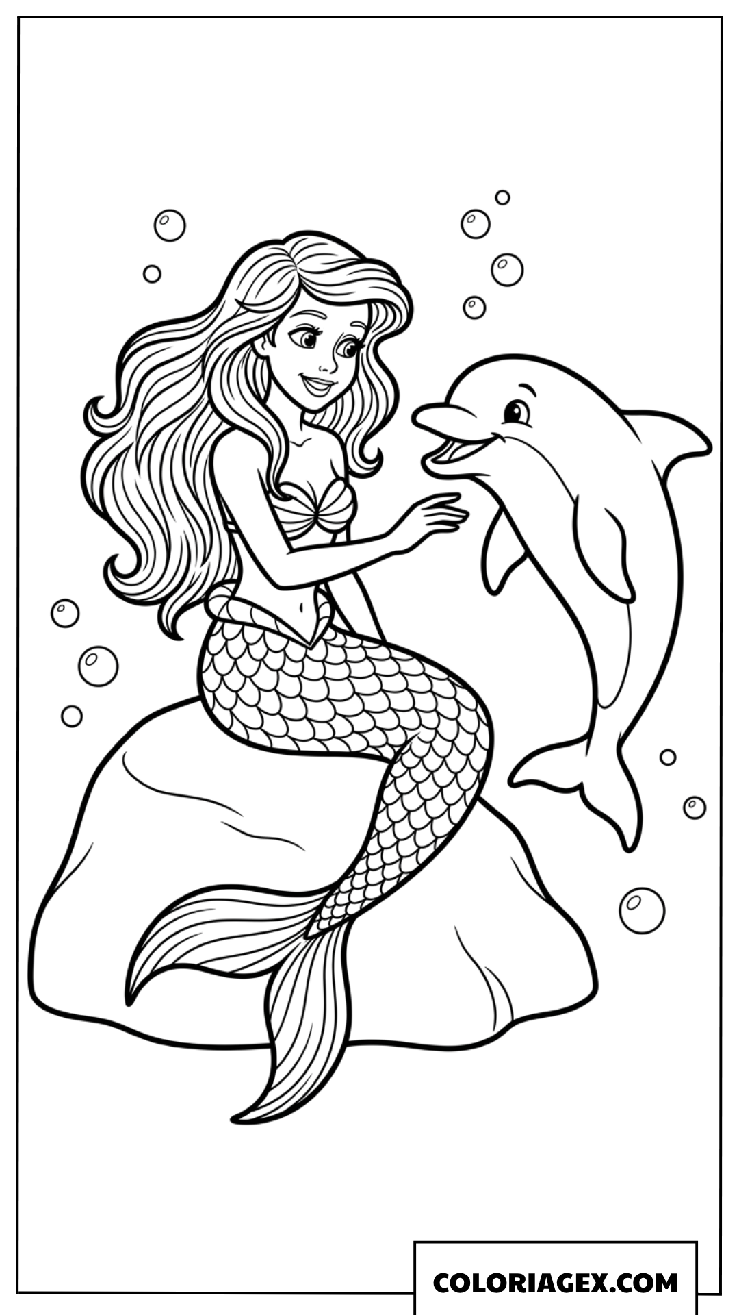 Dessin à colorier d'une sirène tendant la main vers un dauphin près d'un rocher.