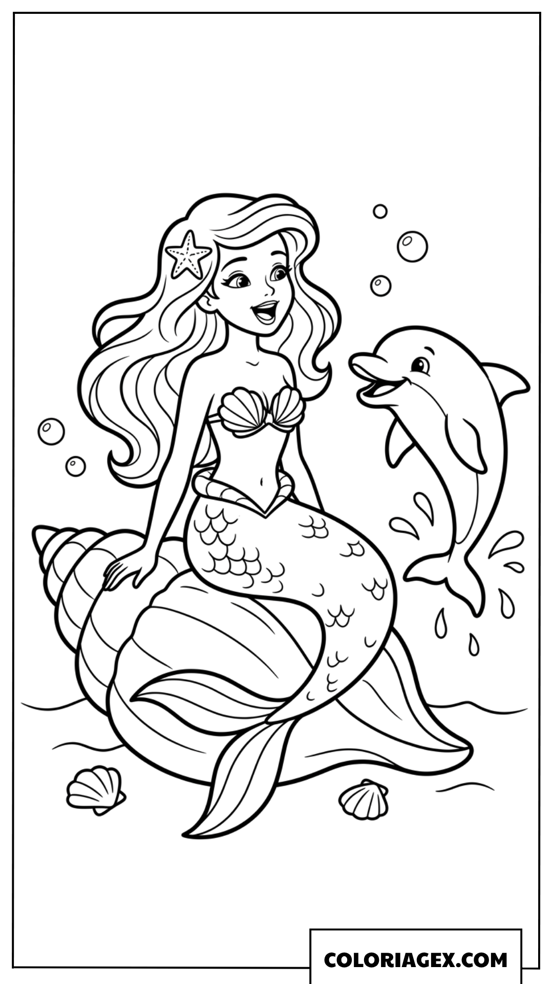 Dessin à colorier sirène chantant avec un dauphin sur une coquille