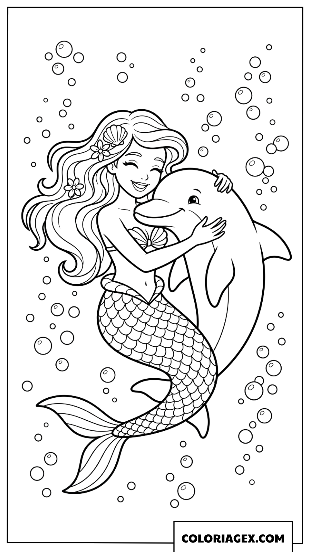 Dessin à colorier sirène étreignant un dauphin sous l'eau