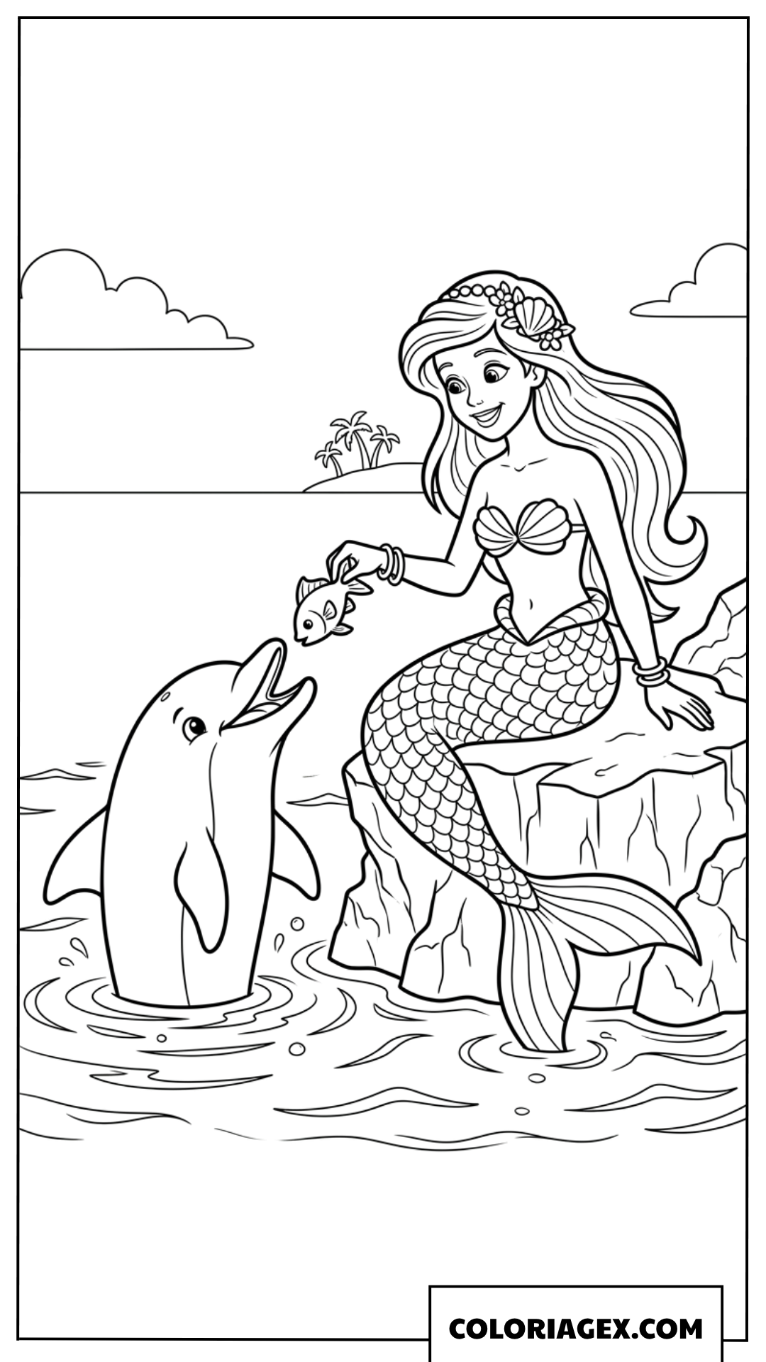 Dessin à colorier sirène nourrissant un dauphin sur un rocher