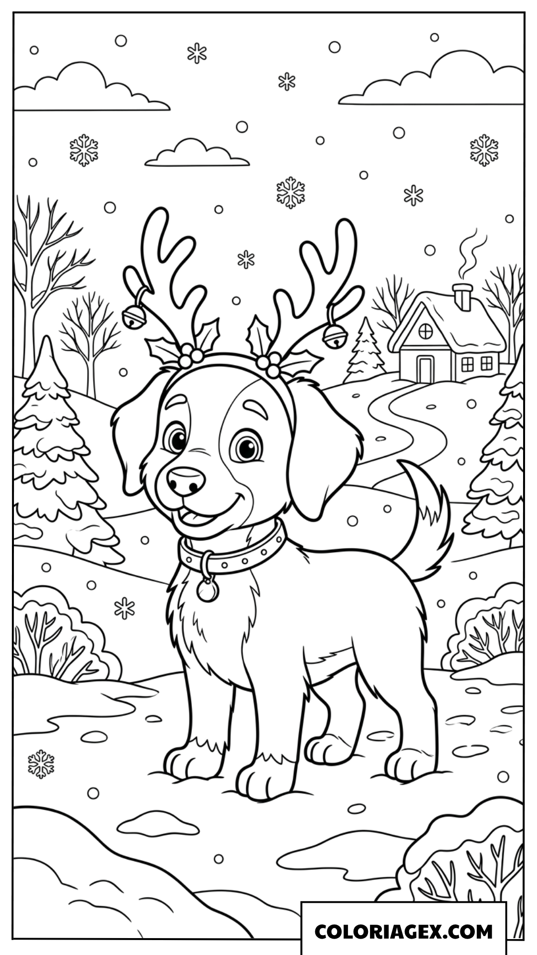 Dessin chien avec des bois de renne sous la neige
