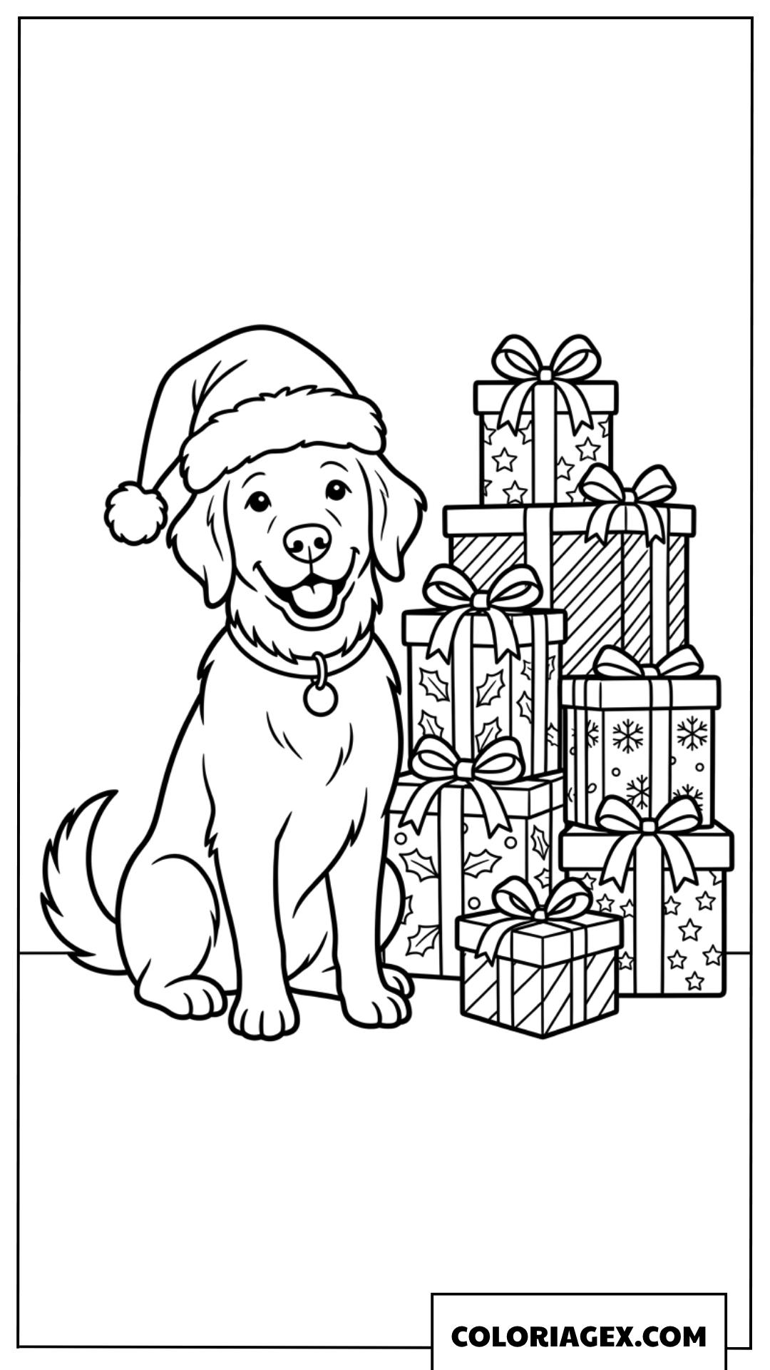 Dessin chien avec un bonnet de pere Noel et des cadeaux