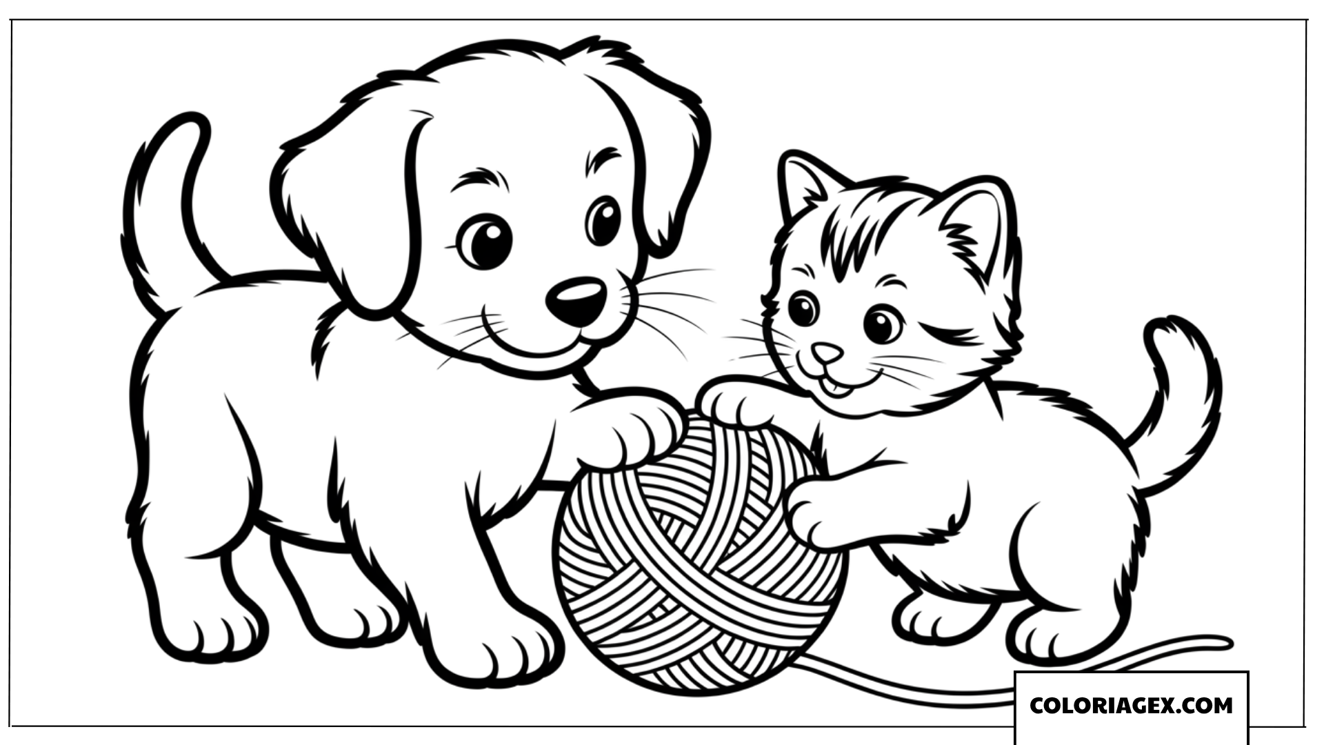 Dessin chiot et chaton s amusant avec une pelote de laine