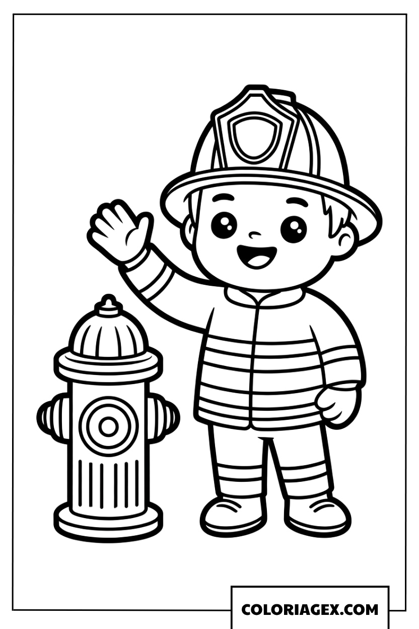Dessin coloriage joyeux pompier saluant