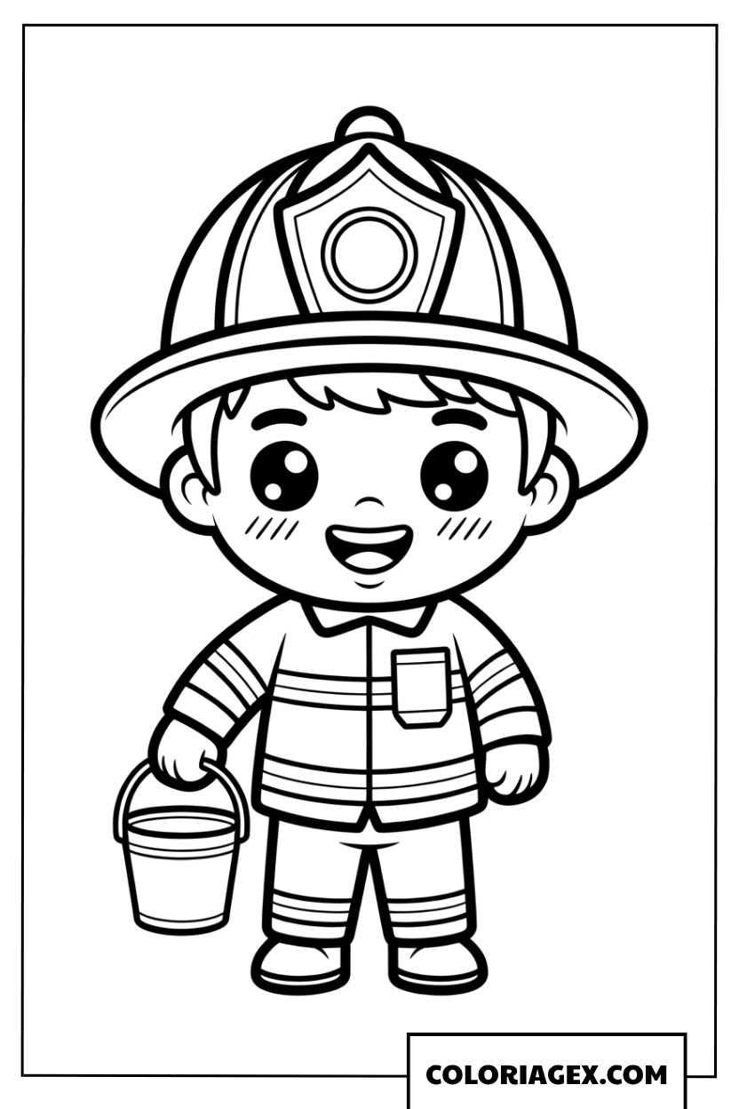 Dessin coloriage petit pompier avec seau
